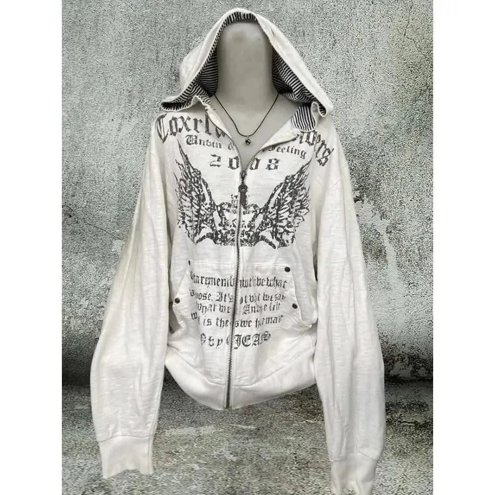 Hooded Sweatshirt Women Grunge Vintage Gothic Print Y2k Aesthetic Zipper Hoodie Harajuku Design Loose Lazy Streetwear Tops New