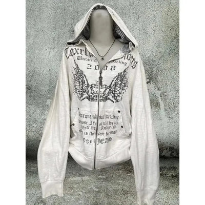 Hooded Sweatshirt Women Grunge Vintage Gothic Print Y2k Aesthetic Zipper Hoodie Harajuku Design Loose Lazy Streetwear Tops New