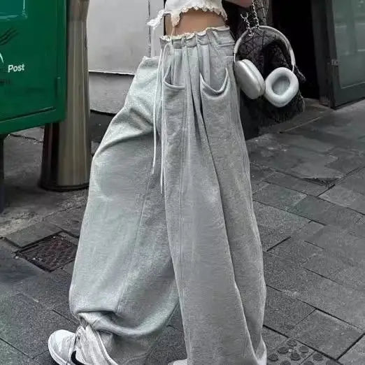 【 Wide Leg Fashion 】 Design Sense Grey Wide Leg Sanitary Pants for Women 2025 Spring Loose and Slim Versatile Casual Sports Pant