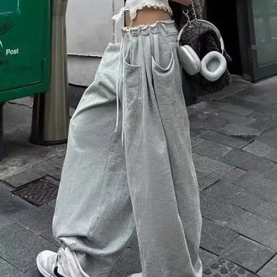 【 Wide Leg Fashion 】 Design Sense Grey Wide Leg Sanitary Pants for Women 2025 Spring Loose and Slim Versatile Casual Sports Pant