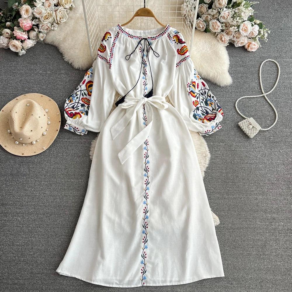 Boho Vintage Spring Autumn Women's Dress Ethnic Style Sundress Long Sleeve Embroidered Cotton Linen Black Beach Dresses платье