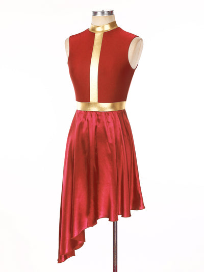 Women Lyrical Dance Dress Color Block Patchwork Invisible Zipper Back Flowy Asymmetrical Hem Sleeveless Dresses Dancewear