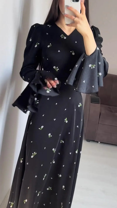 Elegant Dresses for Women Spring Summer New Printing Lotus Leaf Sleeve V Neck Dress Fashionable Slim Fit Women's Evening Dress