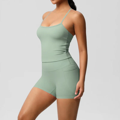 2PCS Sportswear With Pocketed Yoga Set Gym Clothes Yoga Suits For Women Tracksuits Sports Shorts Crossover Bra Gym Leggings