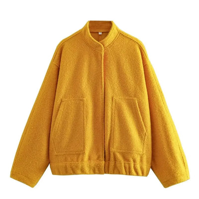 Woman's Oversized Bomber Jacket Autumn New Round Neck Long Sleeve Pocket Hidden Button Loose Jackets Coat Female Outerwear
