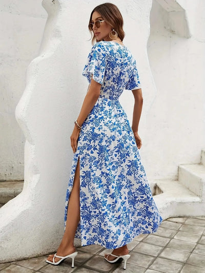 Summer Women Floral Print Dress Casual Short Sleeve Button Holiday Midi Dresses Female V-Neck Beach Boho Chic Dress Elegant Robe