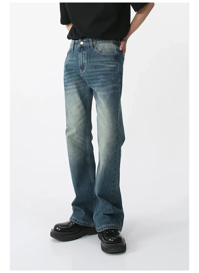 Jeans Denim Pants Men Long Flare Pant Straight Trousers High Waist Casual Regular Pockets Slim Fit Splice Simple Autumn 2024