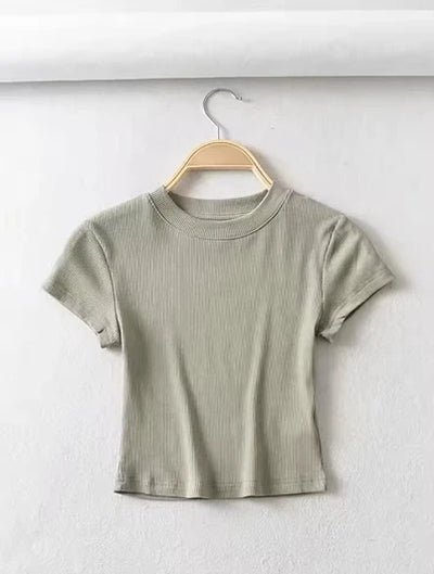 Women's crew neck short-sleeved T-shirt, stretch bodice sexy, summer