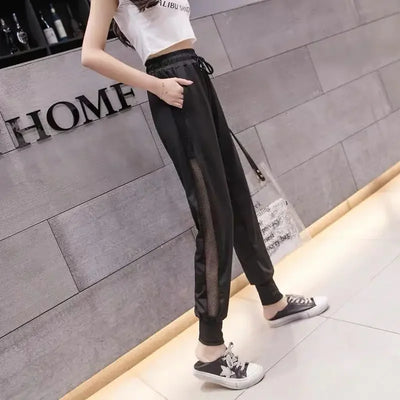 Ice Silk Summer Sweat Home Sports Pants for Women Joggers Jogging Black Cropped Trousers Harem Sarouel Sweatpants Ripped Fashion