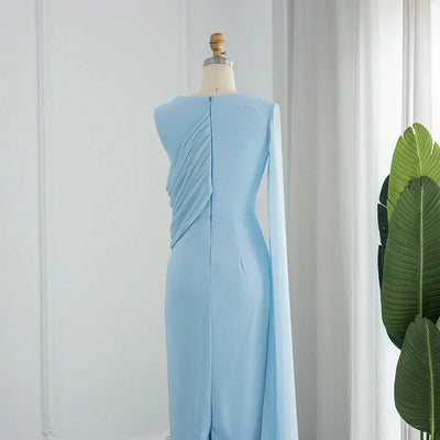 Sharon Said Elegant Light Blue Evening Dresses for Wedding with Feathers Cape Luxury Dubai Formal Party Dress SF289 Customized