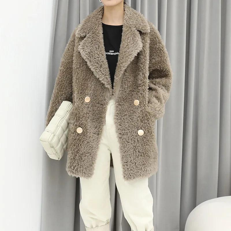 MENINA BONITA 2025 New  Luxury Winter Jacket Women's Coat Double-breasted Woven Real Natural Wool Fur Lapel Warm Loose Outerwear