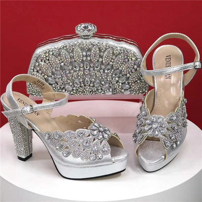 Embroidery Italian Design Pointed-Toe High-heeled Shoes and Bags Set for Women