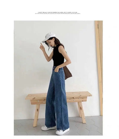 Loose Straight Cylinder Women Jeans High Waist Slimming Long Pants Trendy Cotton Fabric Comfortable Casual Style