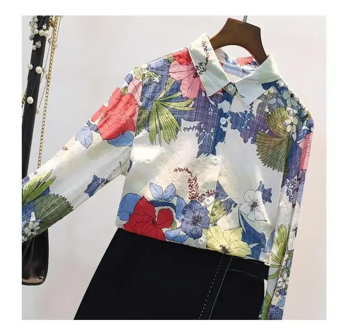 Spring Autumn Cotton Linen Casual Fashion Floral Print Shirt Ladies Loose All-match Sweet Blouse Femme Comfortable Top Women