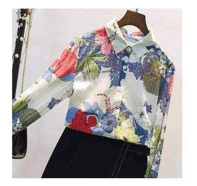 Spring Autumn Cotton Linen Casual Fashion Floral Print Shirt Ladies Loose All-match Sweet Blouse Femme Comfortable Top Women