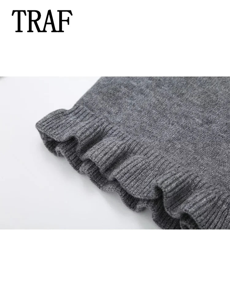 Women Ruffle Gray Knitted Cardigan Outerwears New Autumn Women Long Sleeve Sweater Elegant Button-Down Cardigan