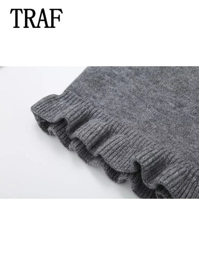Women Ruffle Gray Knitted Cardigan Outerwears New Autumn Women Long Sleeve Sweater Elegant Button-Down Cardigan