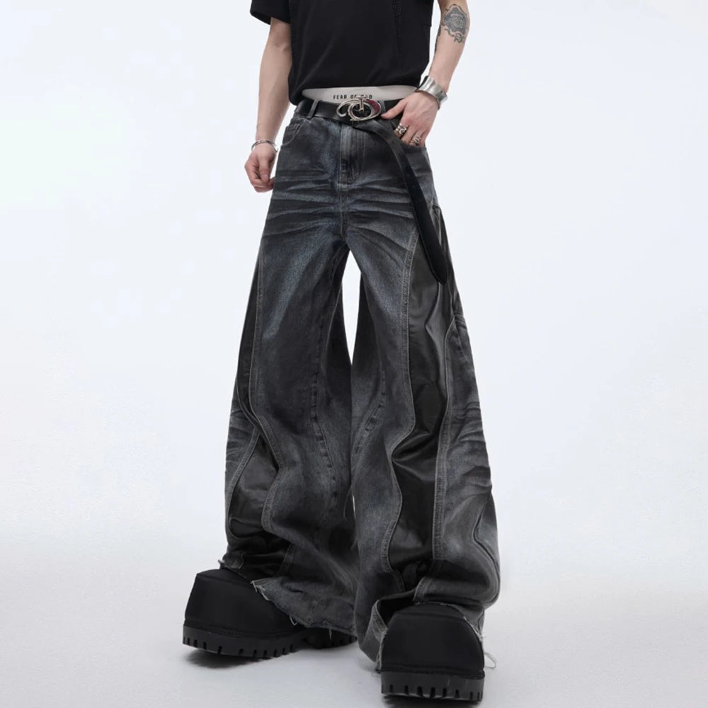 Mens Jeans Pu Leather Stitching Whisker Washed Wilderness Style Casual Pants Streetwear Fashion Personality Trousers Men'S Wear