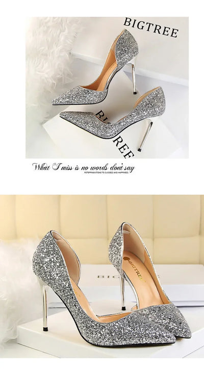 BIGTREE Shoes Champagne Women Pumps Sequin Wedding Shoes Stiletto High Heels Women Shoes Luxury Party Shoes Pumps Plus Size 43