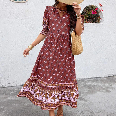 dresses for women Fashion summer Casual long dresses Bohemian V-Neck Printed High Waisted Big Swing Dress vestidos cortos