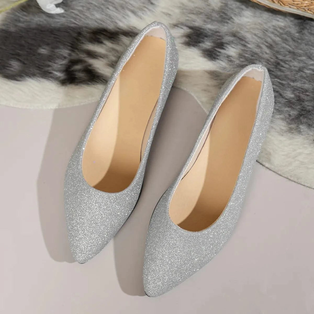 Glittery Slip on Loafers | Breathable Pointed Toe Boat Shoes | Shallow Flats Women Plus Size 43