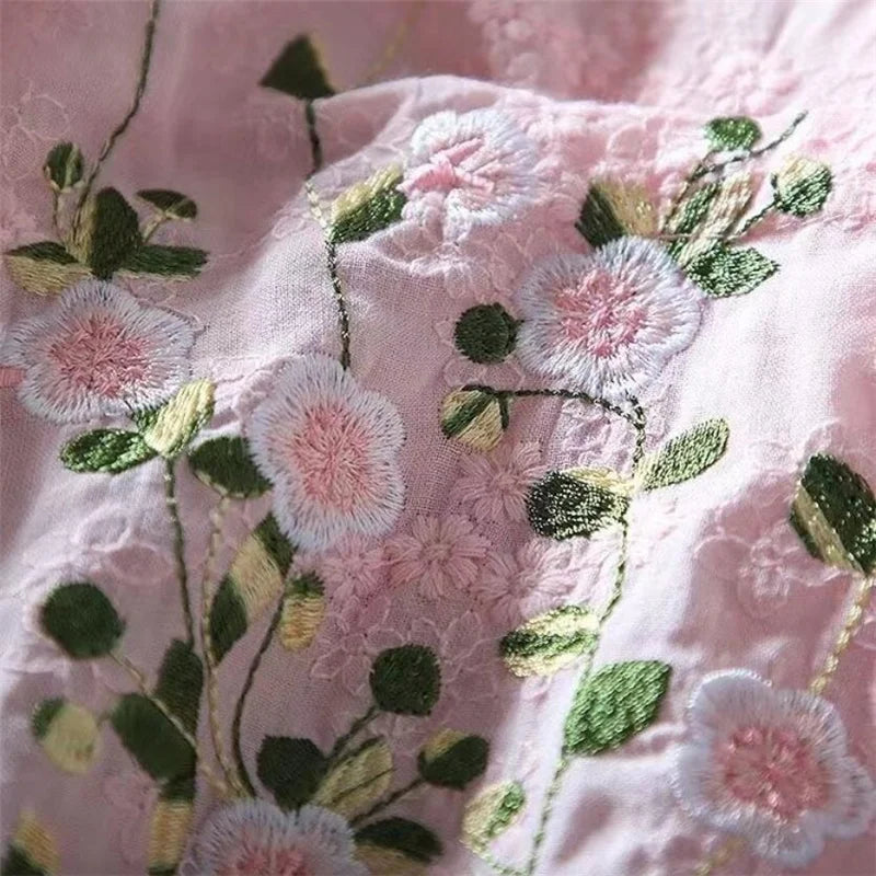 Literary Cotton Shirts For Women Embroidery Flowers Woman Blouses V-neck Half Sleeve Lace Blouses Summer Thin Top Female Shirt