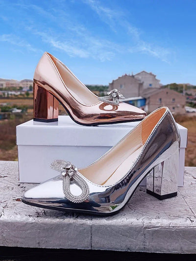 Aphixta Fashion Bling Champagne 7cm Chunky Heels Pumps Women Shoes Luxury Crystals Sun Buckle Party Wedding Super Big Size 30-50