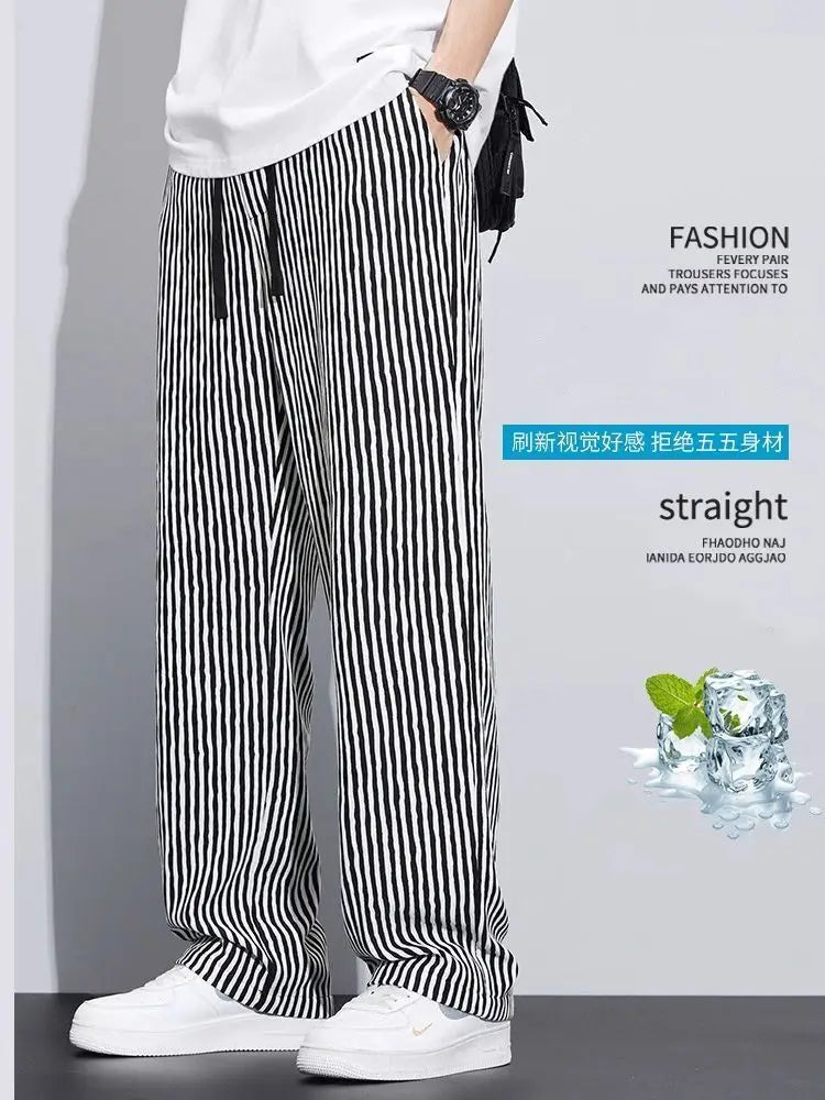 New Men's Trousers with a Sense Design Featuring Unique Stripe Pattern Hanging Wide-leg Loose Straight Casual Long Pants