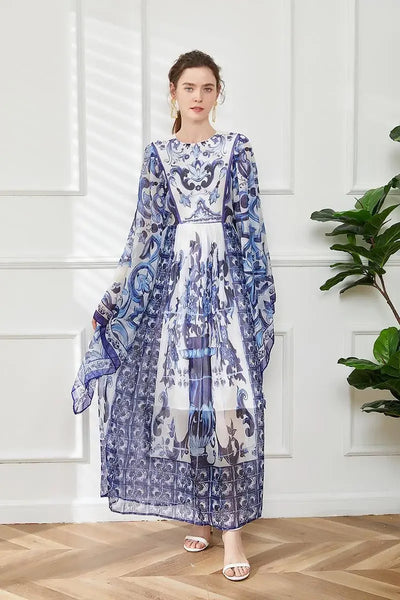 Women Clothing O Neck Flare Sleeve Large Swing Maxi Dress New Summer Bohemian Blue And White Porcelain Print Chiffon Vestidos