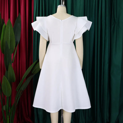 Elegant Party Dresses for Women V Neck Ruffles Sleeve High Waisted A Line Mid Calf Luxury Birthday Dinner Vestidos Mujer Dress