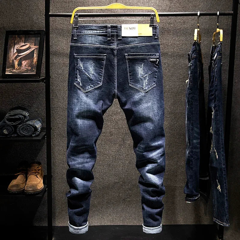 2025 New Ripped Jeans Men Slim-fit Denim Pants Cotton Korean Style Fashion Elasticity Versatile Blue Black Men's Clothing - Elanique