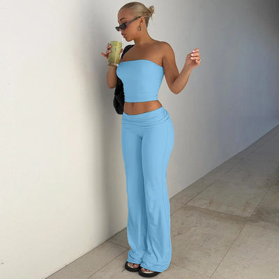 Women's Clothing 2025 Spring Fashion New Item Solid Color Strapless Top Flared Pants Fashionable Slim Fit Sports Suit for Women