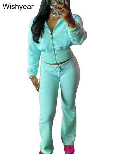 Tracksuits Women Sales Fall Winter Waffle Knit Two 2 Pieces Set Sweatshirts Jacket and Flared Pants Street Sports Workout Outfit