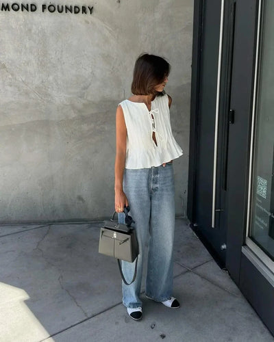 Linen Cotton Pleated Lace-up Elegant White Women Tops Tanks 2025 Summer Women Causal O-neck Sleeveless Ruffles Vest Streetwear