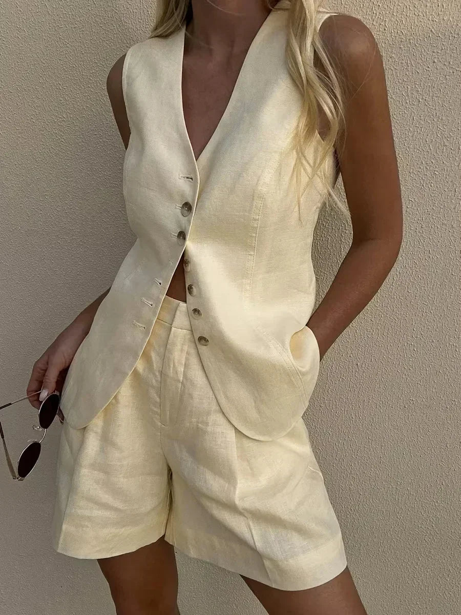 Cotton and Linen Chic Casual Vest Shorts Set Women Summer New Fashion Commuter Sleeveless Single Breasted Tank Top Shorts Suits