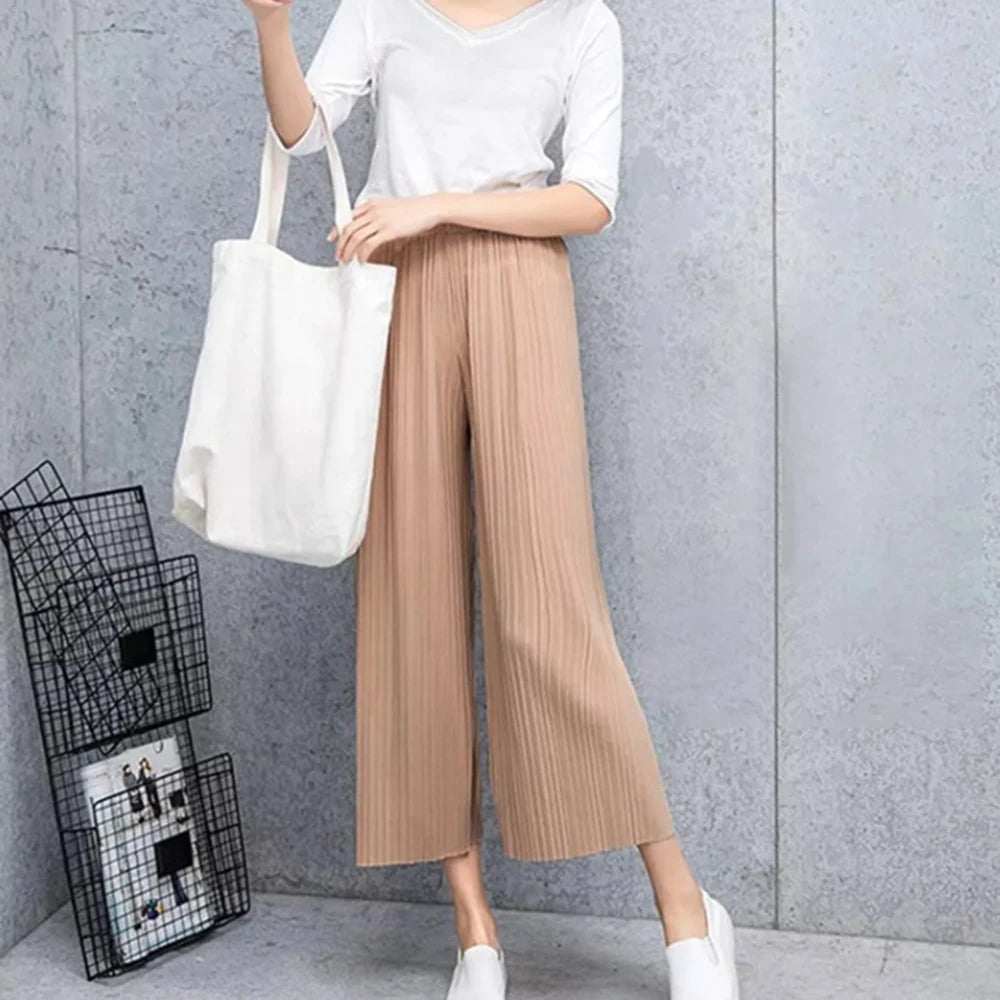 Women's Pants Wide Leg Pants Crinkle Plain Trousers Baggy Elastic Waist Bottoms Woman Clothes pantalones ropa para mujer 바지