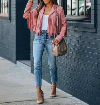 Fringed Bomber Jacket Women Long Sleeve Turn-down Collar