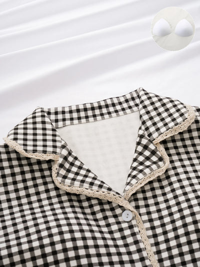 Women's sleepwear 2025 new summer plaid lapel lace lace lace short sleeved shorts can be worn as a two-piece home outfit