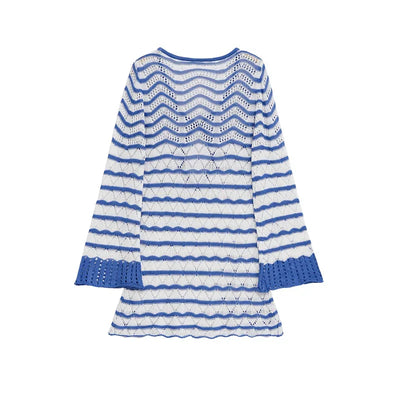 Women's dress 2025 summer new style  blue and white color-blocked striped long-sleeve mini dress with sexy hollow design