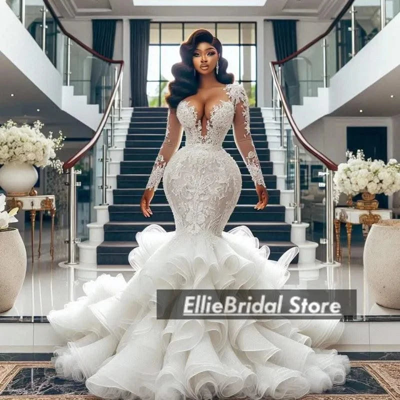 Applique African Bridal Gowns Sheer Neck Ruffles Lace Wedding Dresses Long Sleeves Customized