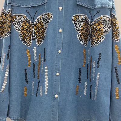 ANJY Autumn New Women Chic Two-Piece Set Studded Diamonds Streetwear Denim Shirt Drawstring Straight Elegant Casual Pants  A9654