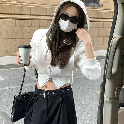 Casual Short Hooded Sweatshirt Women Zip Up Hoodies Mujer Solid Harajuku Long Sleeve Slim fit Crop Top Female Jackets Coat
