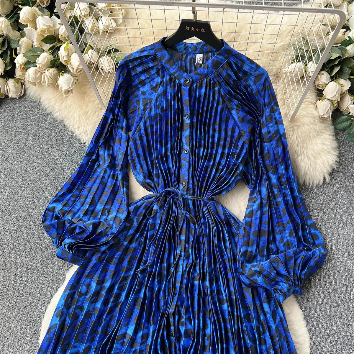 Retro Print Elegant Pleated Lantern Long Sleeve O Neck Single Breasted Dress A-line  Casual High Waist Women Summer Dresses