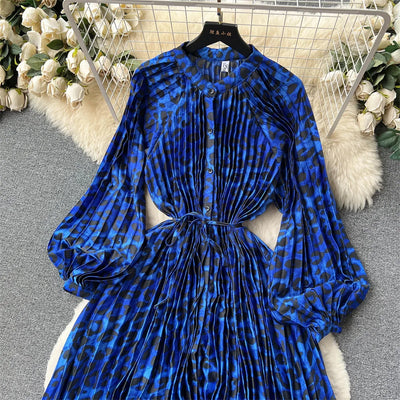 Retro Print Elegant Pleated Lantern Long Sleeve O Neck Single Breasted Dress A-line  Casual High Waist Women Summer Dresses