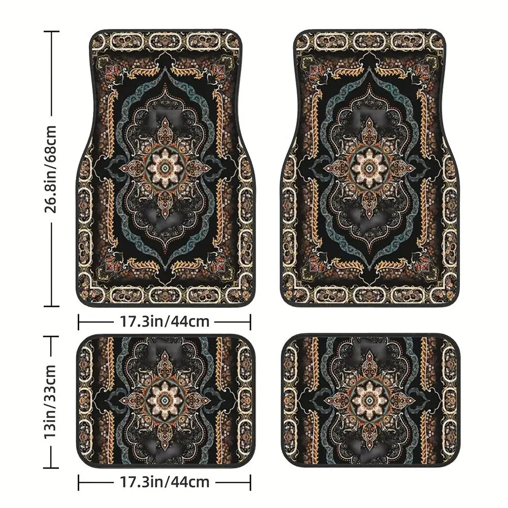 4 Pcs Car Floor Mats Bohemian Pattern European Ethnic Auto Rubber Carpet Universal Interior Accessories for Front and Rear Seats