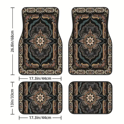 4 Pcs Car Floor Mats Bohemian Pattern European Ethnic Auto Rubber Carpet Universal Interior Accessories for Front and Rear Seats