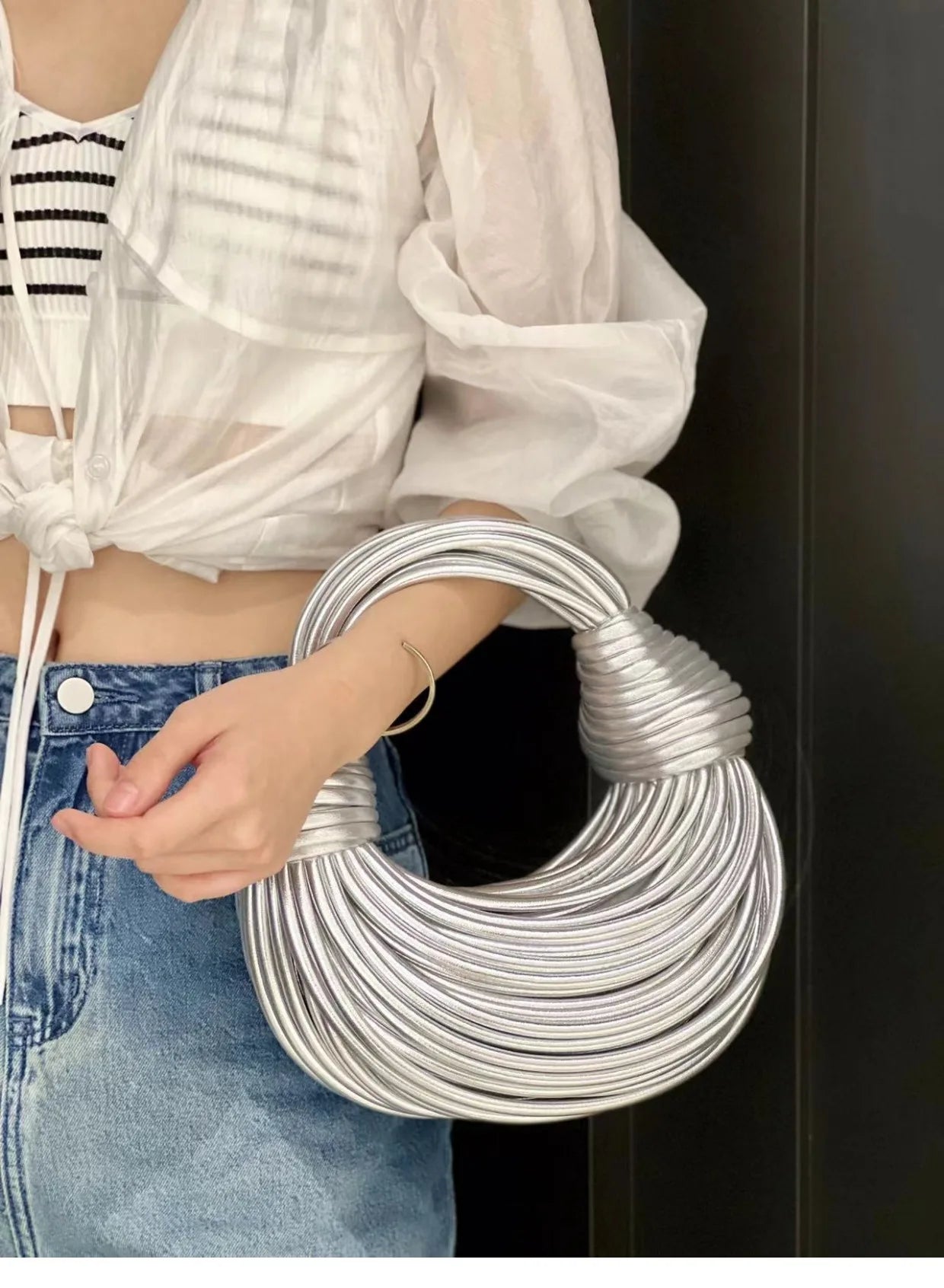 Handbags for Women 2025 New in Gold Luxury Designer Brand Handwoven Noodle Bags Rope Knotted Pulled Hobo Silver Evening Clutch