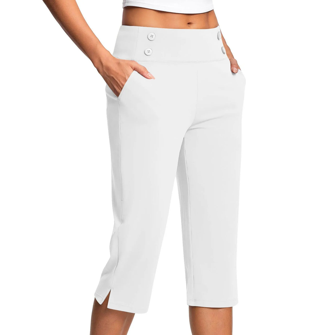Women Elastic High Waist 3/4 Pant Casual Active Fit Wide Capris Leg Pants Trousers With Pockets Pants Woman брюки женские