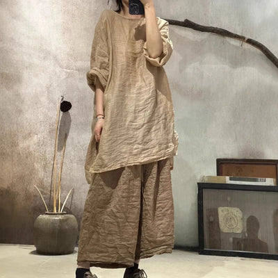 Women Wide Leg New 2025 Spring Summer Double Layer Ramie Pants Elastic Waist Ladies Retro Free Trousers High Quality Original