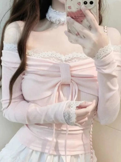 Design Sweet Off Shoulder Pink T-Shirts Women